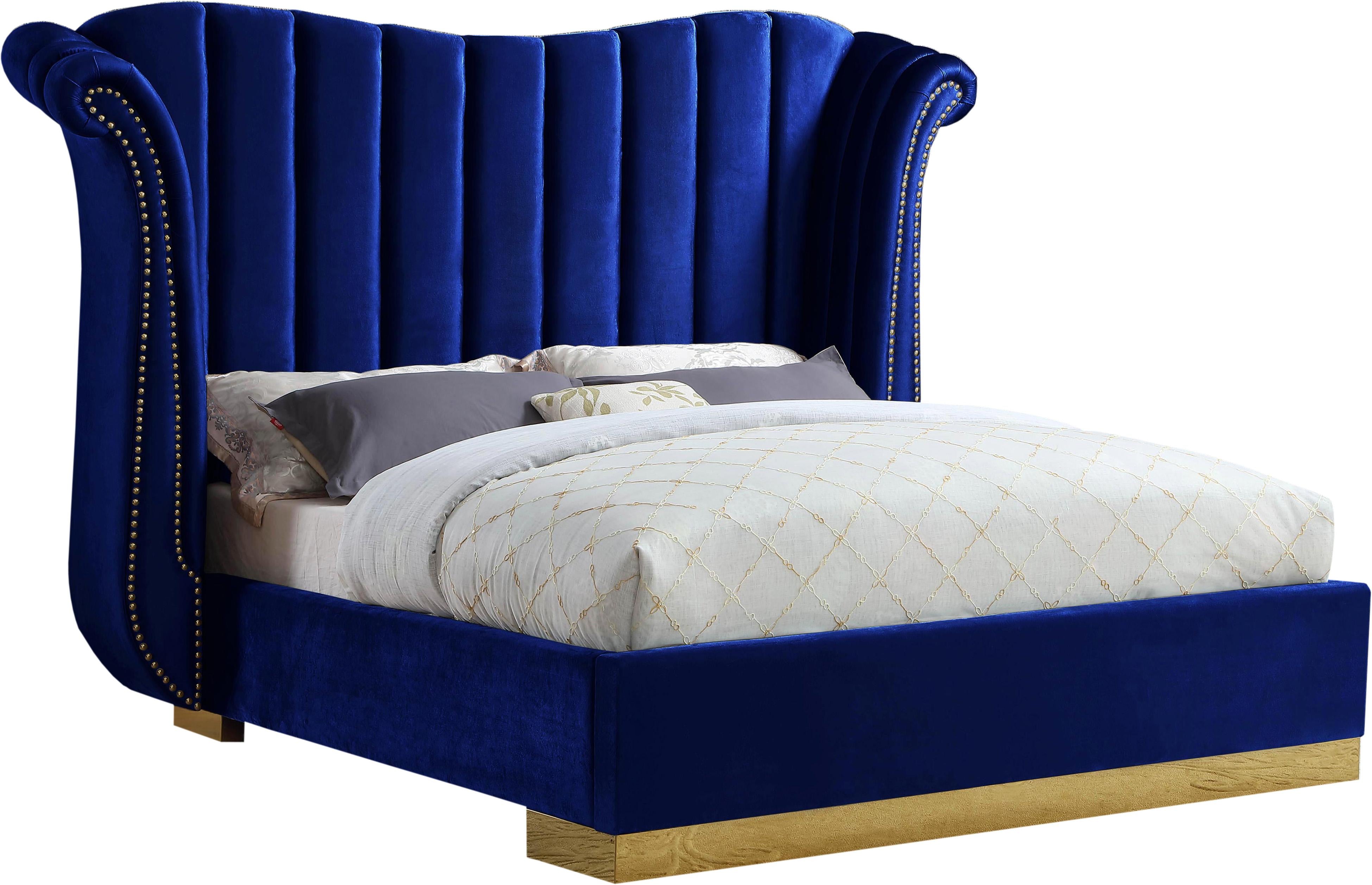 Flora Navy Velvet Queen Bed (3 Boxes) - Luxe Home Furnishings (Jersey City, NJ)