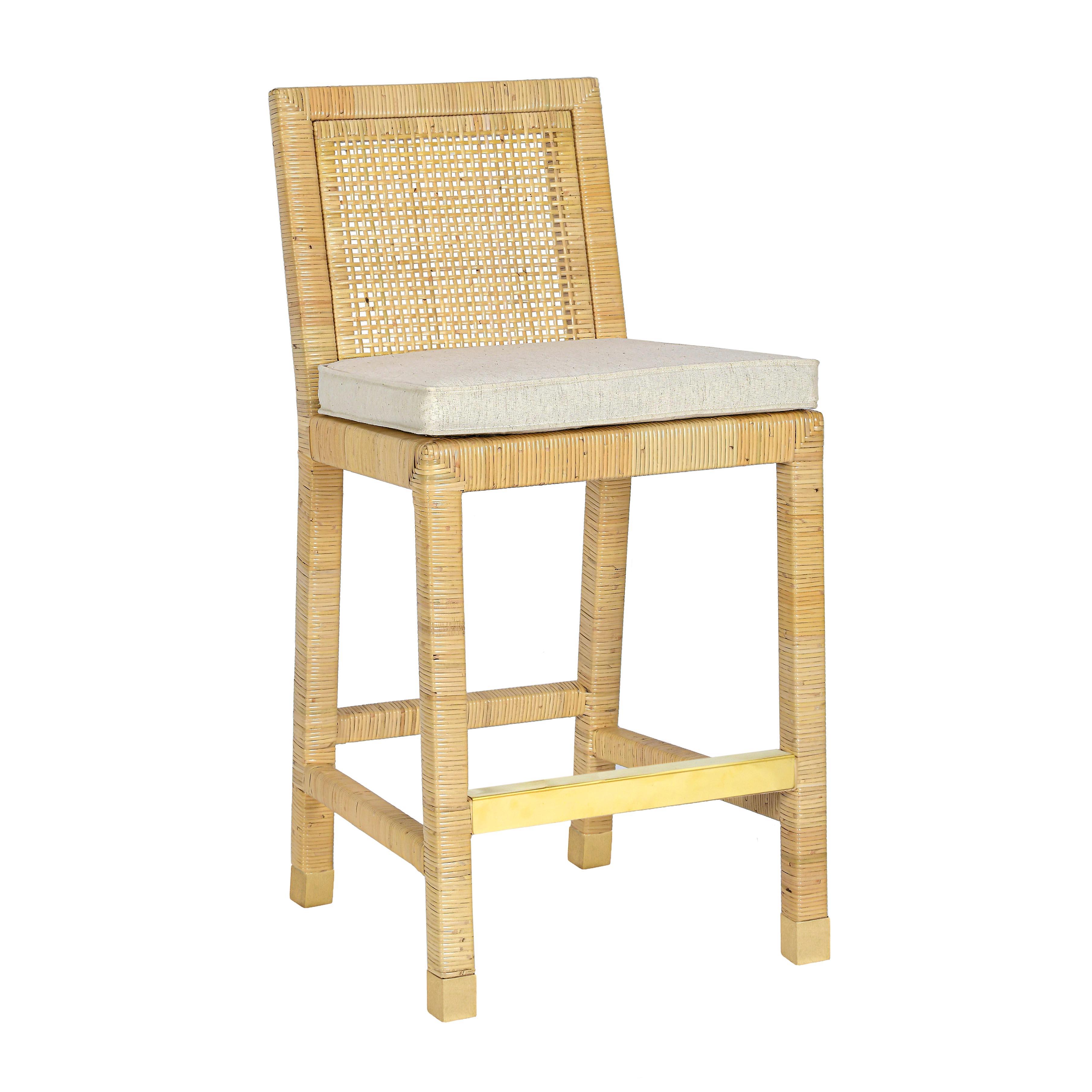 Amara Rattan & Cream Contract-Grade Linen Stool - Luxe Home Furnishings (Jersey City, NJ)